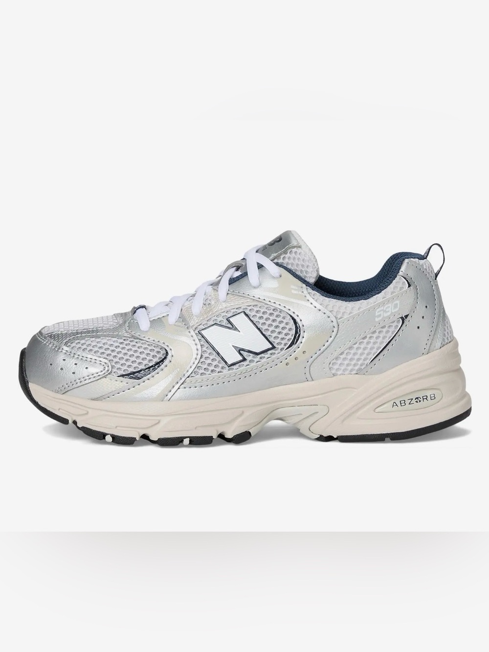 New Balance 530 Women's Silver Mesh Running Sneakers with Navy Lining Size 8
